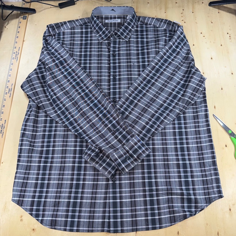 Tommy Bahama Mens XL Black Gray Plaid Silk Cotton Long Sleeve Button Up Shirt